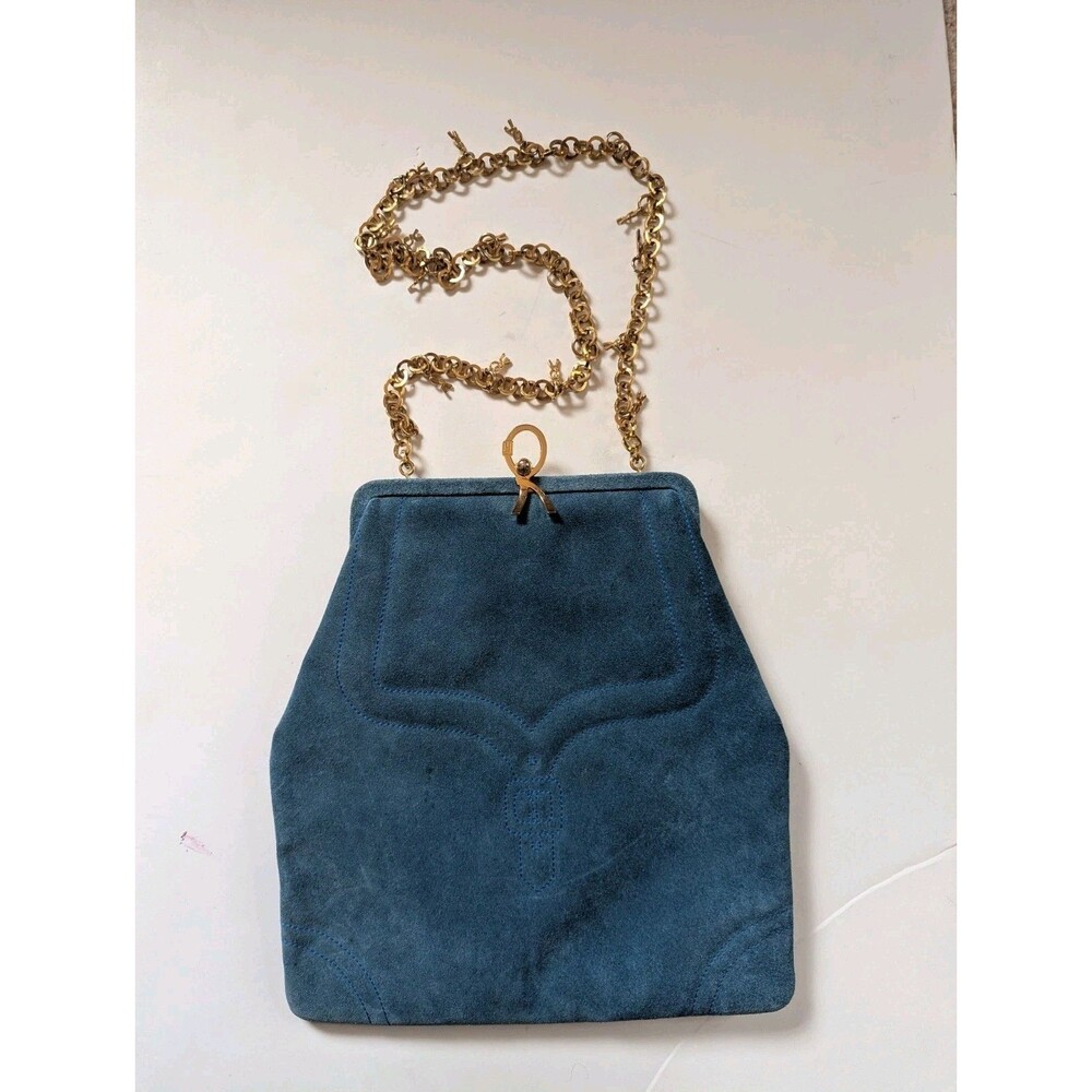 VTG Roberta di Camerino Handbag Blue Suede Gold Tone Chain Strap Made in Italy